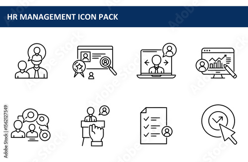 HR Management Icon Pack depicting various stages of recruitment and team management.