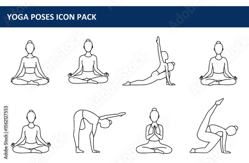 Female yoga poses in various postures displayed in a simple, clean line art style. Collection of yoga positions with a neutral background.