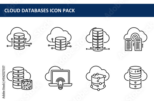 Cloud database icon pack showing various data storage and connection methods. Simple, modern line icons illustrating cloud computing and data transfer.