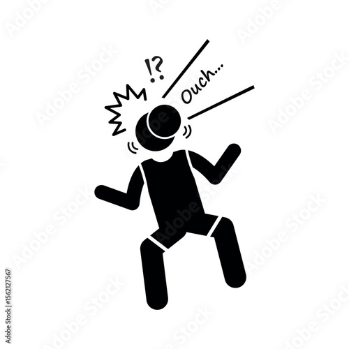 minimalist black silhouette of athlete falling with ouch text, injury icon