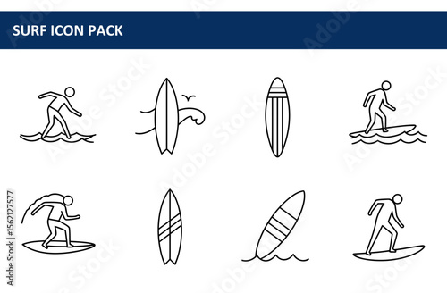 Surfers in various poses on surfboards in ocean waves. Line art icons of surfing action with different surfboard designs. Active surfers in a coastal location. Sport illustration.