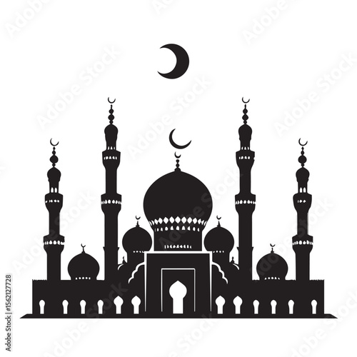 Vector art of a black silhouette of a mosque with crescent moon isolated on white background