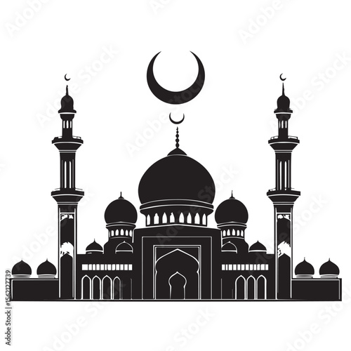 Vector art of a black silhouette of a mosque with crescent moon isolated on white background