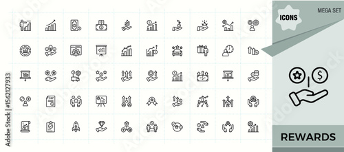 Benefits linear icon collection. Outline icons in linear style. Vector illustration. Bonus linear icon set. Pictograms of benefit, gift, pay, reward, employee benefit and more.