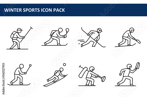 Winter sports icons depicting various activities on snow. Active figures engaging in skiing, snowshoeing, and other winter sports.