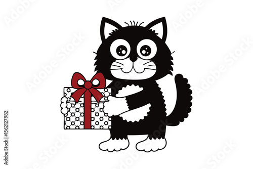 Cute cartoon cat smiling and holding a present with a big red bow
