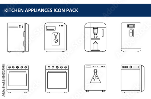 Line drawings of various kitchen appliances in a modern style.
