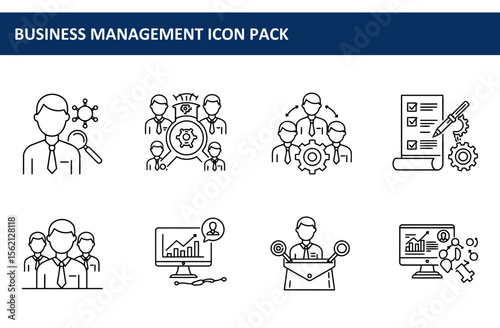 Business Management Icons in a Simple Outline Style. Collection of diverse business management icons representing various functions and actions.