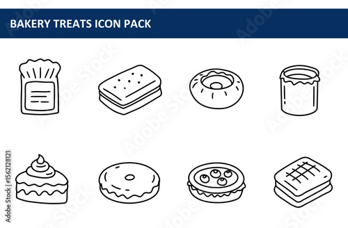 Bakery treats icon pack depicting various pastries and desserts in a simple line art style. Assortment of desserts with different fillings and toppings displayed in a flat, isolated graphic design.