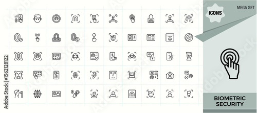 Biometric icon set. Minimal icons set. Identification icon collection. Contain linear sign authentication, privacy, recognition, security and more.
