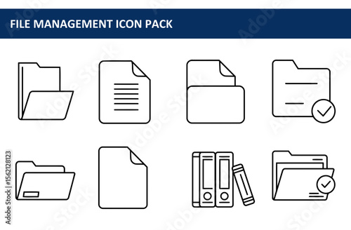 File Management Icon Pack. Simple line illustrations of folders, documents, and filing cabinets.