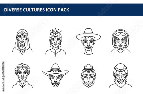 Diverse cultural icons of people in traditional attire/headwear in a simple, graphic, line art style. Portraits of individuals from various backgrounds against a plain, neutral background.
