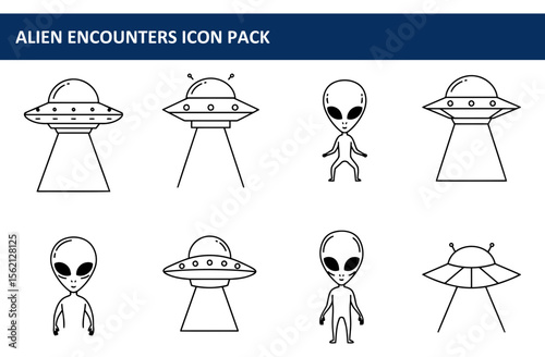 Alien encounters icon pack with various alien figures and UFOs in a simple, stylized design. Collection of spaceship and alien graphics for website, social media, apps, and advertising.