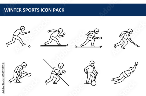 Winter sports icons depicting various actions of athletes in winter sports attire. Active figures engaged in skiing, snowboarding, and other winter activities on snowy terrains.