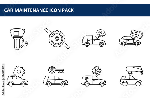 Line art illustrations of various car maintenance icons in a service setting. Simple, outline representations of car parts and tools, with a variety of vehicle issues and maintenance depicted.