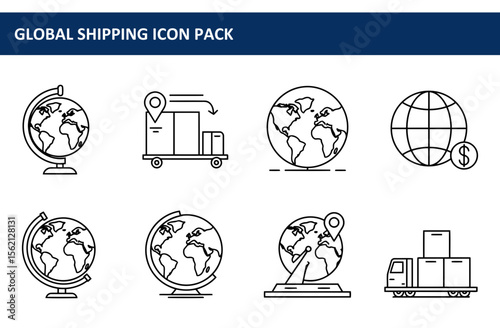 Global shipping icons depicting various elements of international shipping and logistics. Line art illustrations of globes, shipping trucks, packages, and location markers.