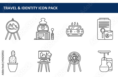 Travel and identity icon pack depicting various elements in a simple line art style. Flat icons of different subjects showing a variety of objects and ideas.