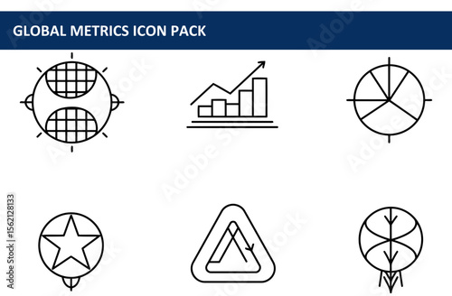 Global metrics icons set in various designs. Simple line drawings of a globe, graphs, pie chart, star, and other business icons.