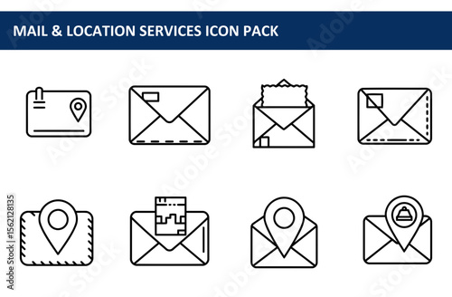 Mail and location services icons showing various actions with envelopes and location markers. Simple, clean icons for a digital product.