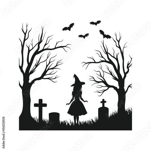 Gothic Witch Girl in Eerie Halloween Forest