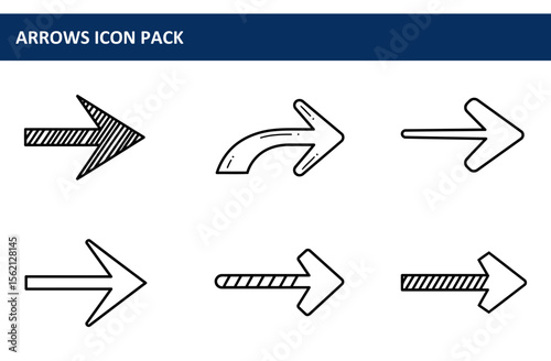 Set of various directional arrows in a simple line drawing style. Collection of rightward arrows with different variations in shape and line patterns.