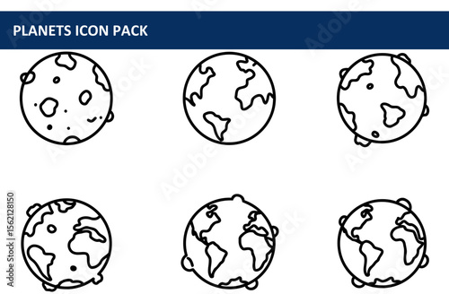 Line art illustration of various planets, simple outlines of planets with different surface features, various planets in a simple, decorative style. Collection of space icons.