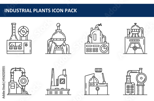 Industrial plant icons in outline style. Collection of various industrial structures and equipment.