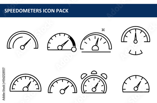 Speedometer icons in a graphic design collection. Simple line illustrations of various speedometers. Automotive or general use. A collection of speedometers.