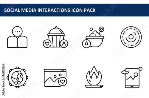 Social media interaction icons in a simple, clean, outline style. Set of nine icons depicting various actions and functions for social media interaction, like likes, shares, comments, and engagement.