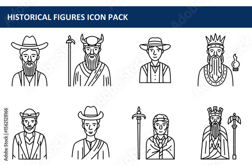 Historical figure icons of diverse individuals in various clothing and headwear. Portraits displayed in a simple, line-art style.