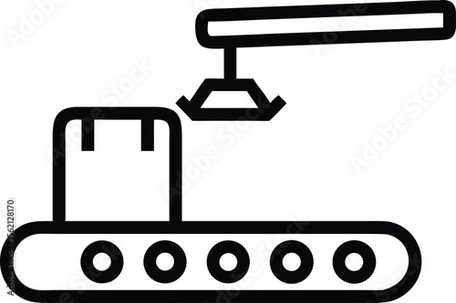 Production line with robotic arm and package in simple black outline