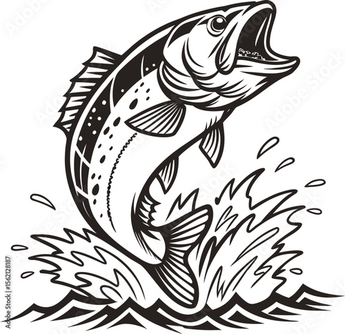 Dynamic illustration of a large bass fish leaping out of water with intricate crosshatch engraving detail perfect for sports or nature themes