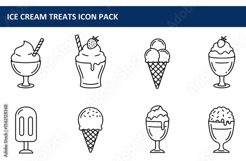 Ice cream treats iconography set in various forms, showcasing different types of dessert. Simple line art representation of frozen treats in common containers.