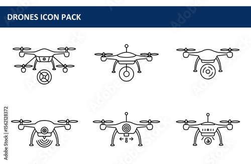 Drone icon pack depicting various drone models in different operational states. Collection of drone illustrations in a simple, clean line art style.