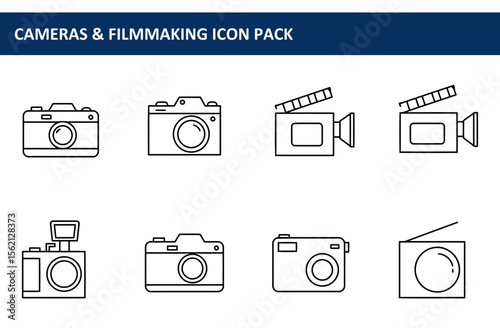 Line art icons of various cameras and filmmaking equipment. Simple, graphic representations of cameras, camcorders, and film clapper in a flat design.