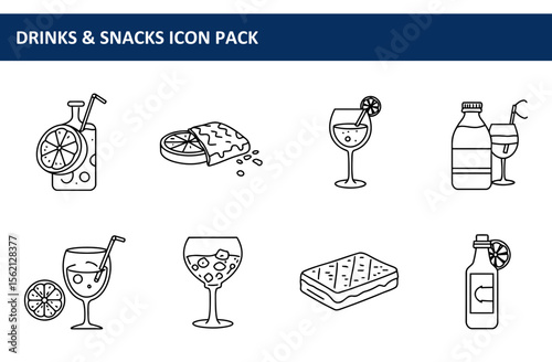 Drinks and snacks icon set featuring various beverages and foods in a simple line art style. Collection of illustrations for a drinks and snacks icon pack.