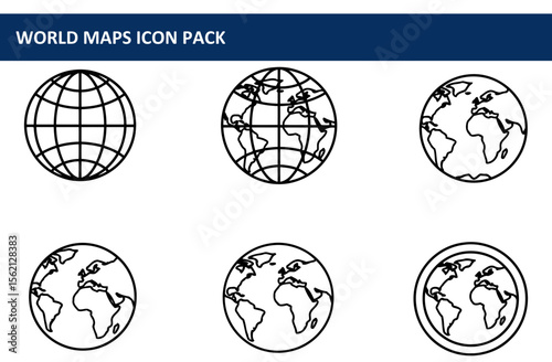 World maps icon pack in a simple, clean design. Various stylized globe illustrations with latitude and longitude lines, designed for use in educational or global contexts.