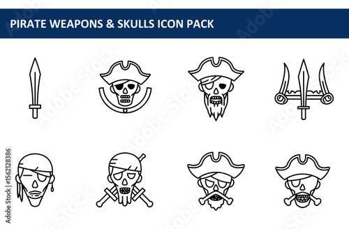 Pirate weapons and skulls icon set in a simple, bold line art style. Detailed, black and white illustrations of pirate weapons and skulls for use in a variety of design applications.