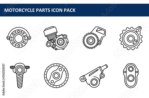 Motorcycle parts icons in various configurations. Technical diagrams of motorcycle engine components displayed against a plain white background.