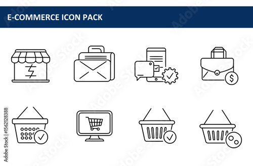 E-commerce icons depicting various aspects of online business operations in a simple, line art style. Collection of digital icons in a flat, graphic design style.