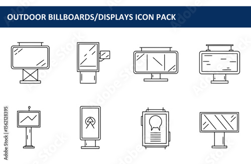 Outdoor billboard and display icons in various styles. Simple line drawings of different types of outdoor advertising displays.
