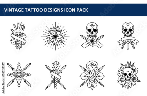 Vintage tattoo designs; collection of black and white line art tattoo designs. Set of abstract and symbolic illustrations for potential tattoo inspiration.