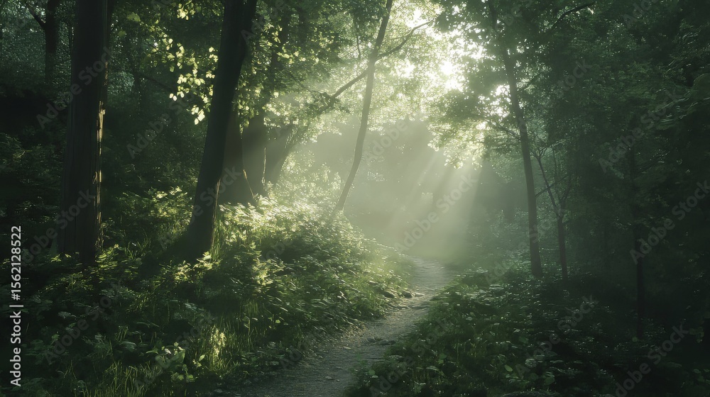 Obraz premium Sunlight in a European forest with a hiking trail