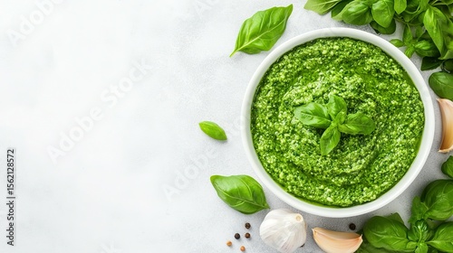 Fresh pesto in a white bowl.