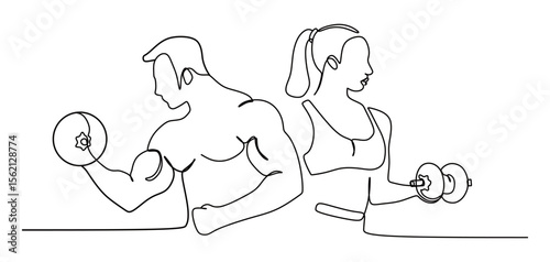 continuous line art of a man and woman doing fitness exercise. vector illustration of a man and woman lifting weights or dumbbells