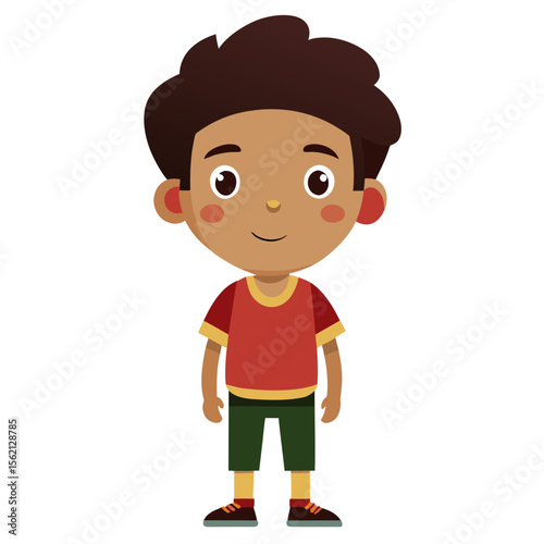 Latino boy, neutral expression, calm child, full body boy, full-length boy, standing boy, Hispanic boy, cartoon boy, child character, white background, flat design, boy avatar, boy clipart, child vect