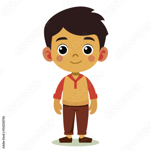 Latino boy, neutral expression, calm child, full body boy, full-length boy, standing boy, Hispanic boy, cartoon boy, child character, white background, flat design, boy avatar, boy clipart, child vect