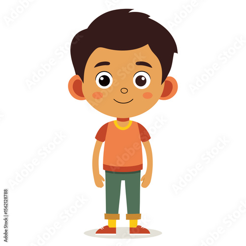Latino boy, neutral expression, calm child, full body boy, full-length boy, standing boy, Hispanic boy, cartoon boy, child character, white background, flat design, boy avatar, boy clipart, child vect