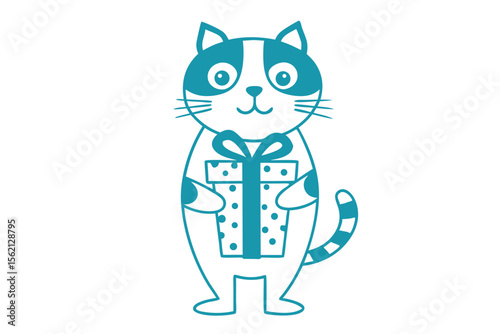 Cheerful blue cat holds a polka dotted gift box with a ribbon bow
