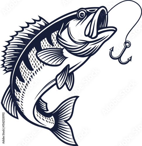 Detailed engraving design of a large bass fish caught on a fishing hook showcasing intricate line work and classic illustration style for outdoor enthusiasts and anglers